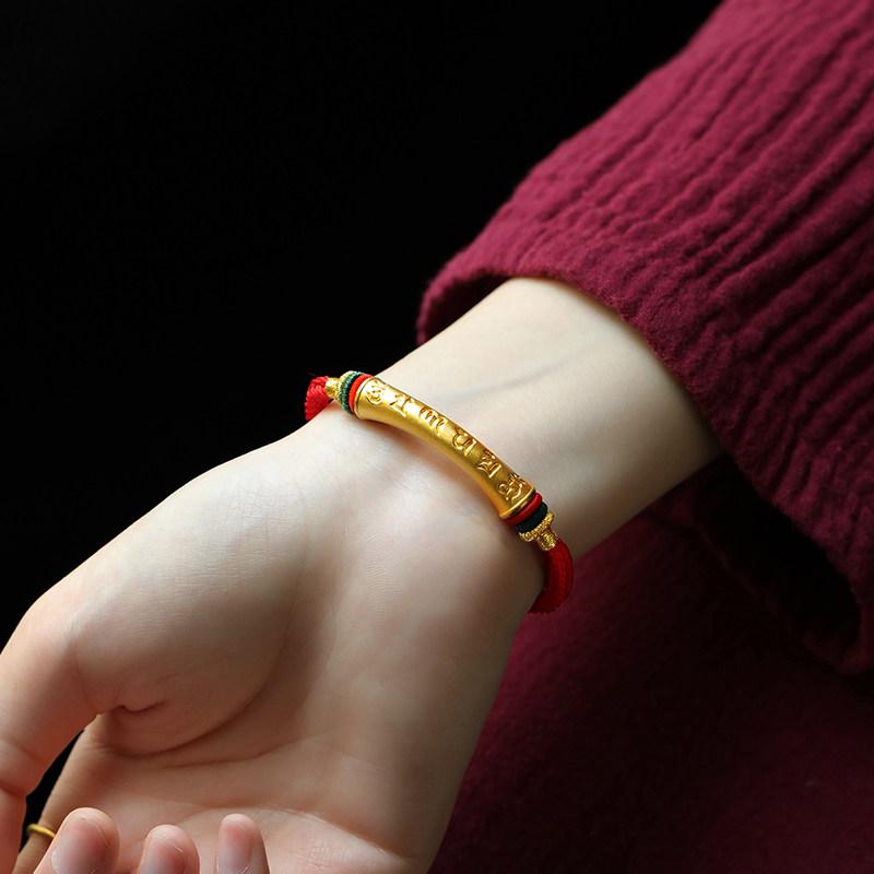 EverestArtStudios 1 gram 999 Fine Gold Six Syllable Mantra Cord Bracelet, Large 38 mm Tube, Red Black or Multicolour Buddhist Wrist Bracelet