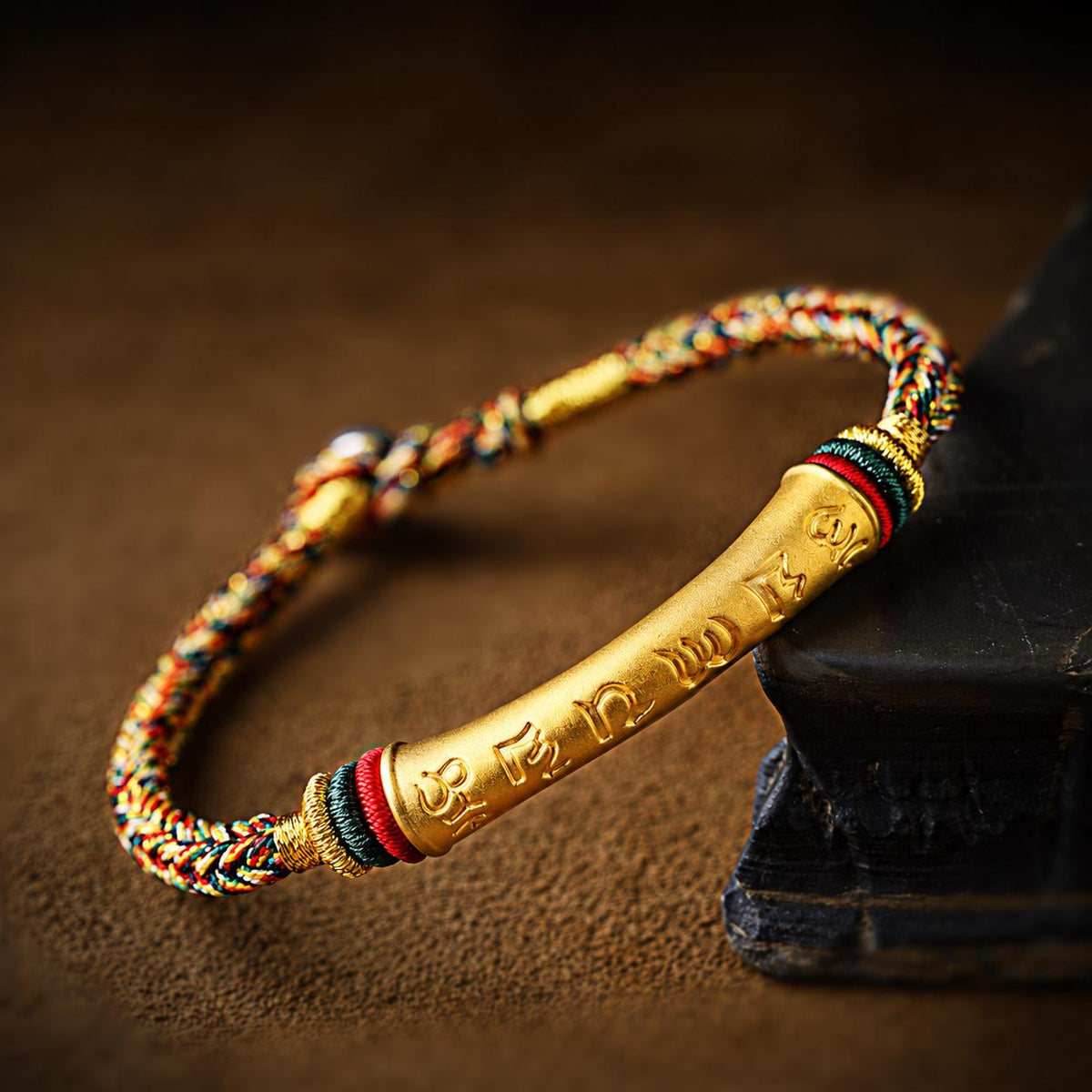 EverestArtStudios 1 gram 999 Fine Gold Six Syllable Mantra Cord Bracelet, Large 38 mm Tube, Red Black or Multicolour Buddhist Wrist Bracelet