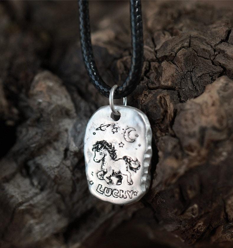 EverestArtStudios 999 Fine Silver Lucky Horse Pendant Necklace, Custom Engraving, Black Wax Cord or 45 cm and 55 cm S925 Chain