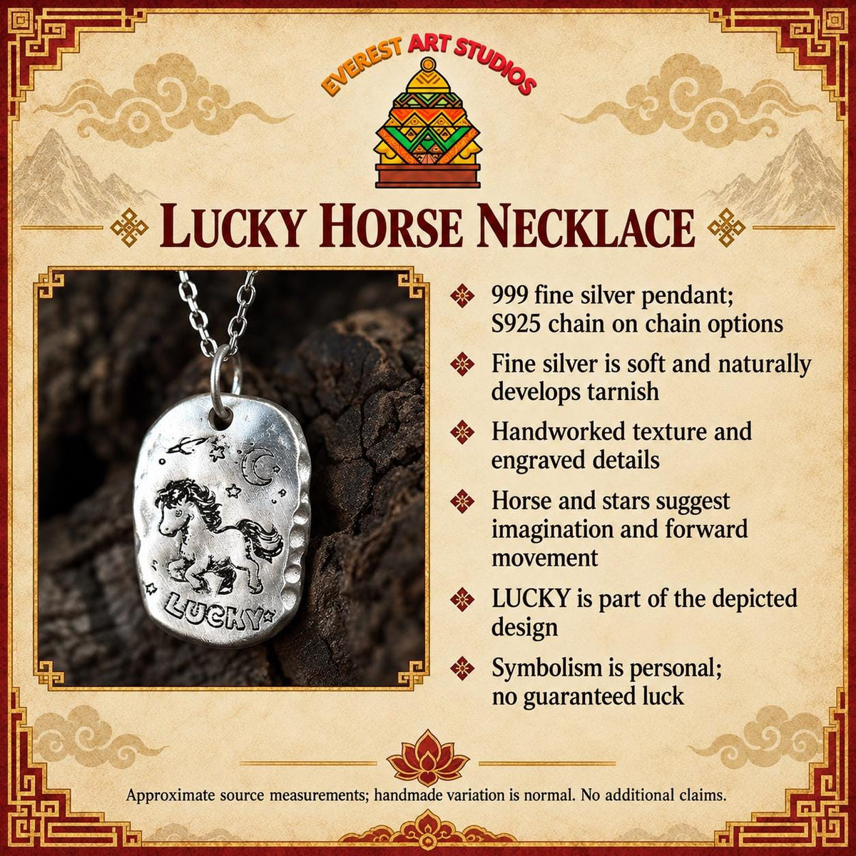 EverestArtStudios 999 Fine Silver Lucky Horse Pendant Necklace, Custom Engraving, Black Wax Cord or 45 cm and 55 cm S925 Chain