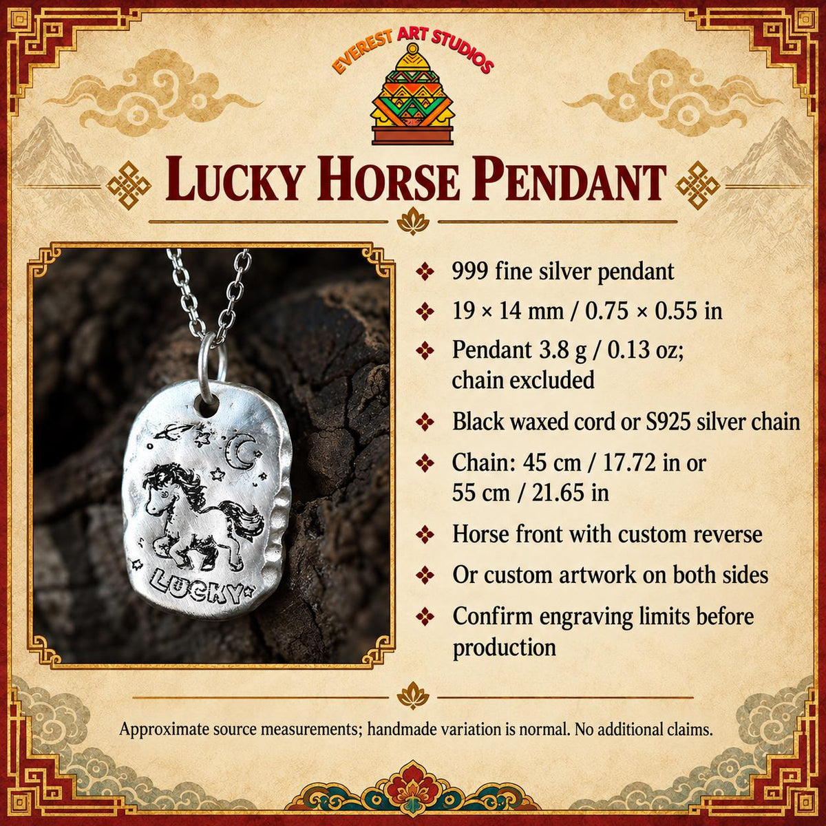 EverestArtStudios 999 Fine Silver Lucky Horse Pendant Necklace, Custom Engraving, Black Wax Cord or 45 cm and 55 cm S925 Chain