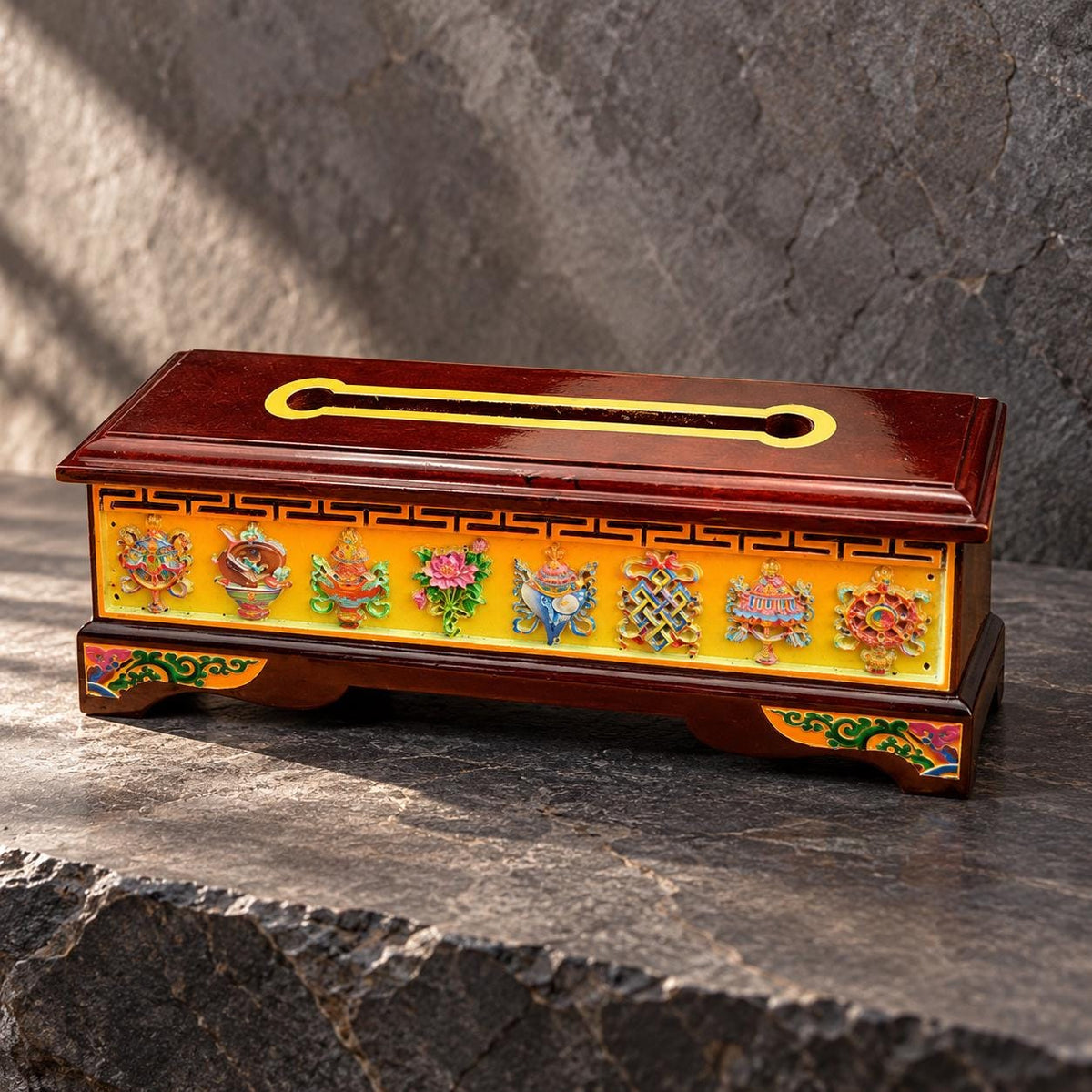 Tibetan Wood Incense Burner Box, Eight Auspicious Symbols, Hinged Lid and Steel Insert, 3 Sizes — image 1