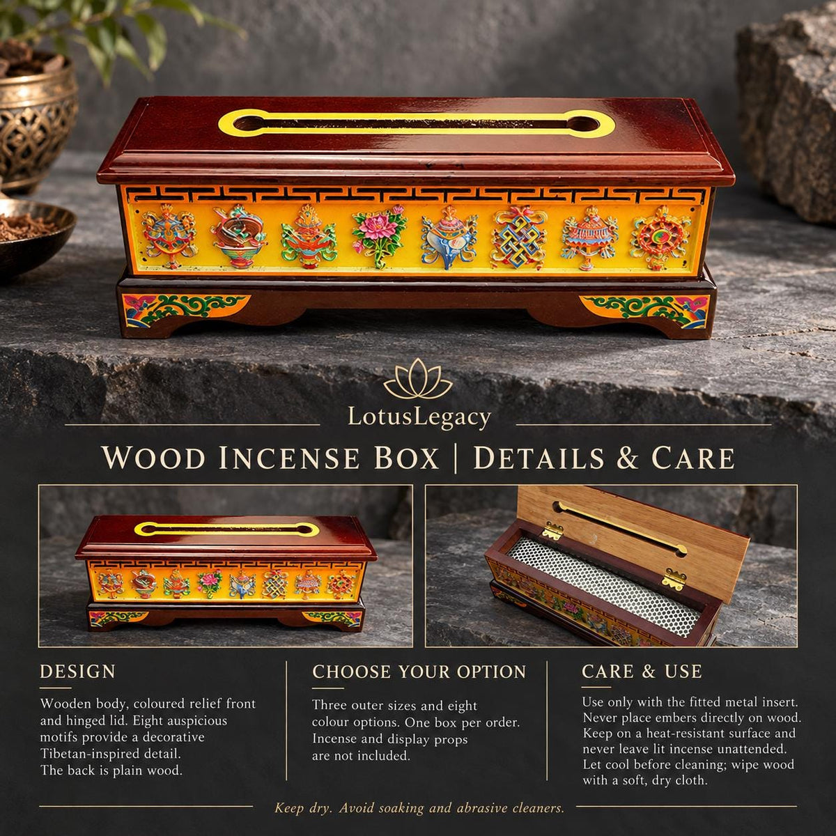Tibetan Wood Incense Burner Box, Eight Auspicious Symbols, Hinged Lid and Steel Insert, 3 Sizes — image 5