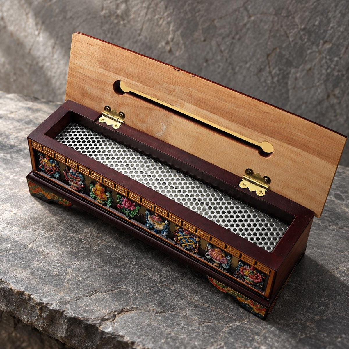 Tibetan Wood Incense Burner Box, Eight Auspicious Symbols, Hinged Lid and Steel Insert, 3 Sizes — image 2