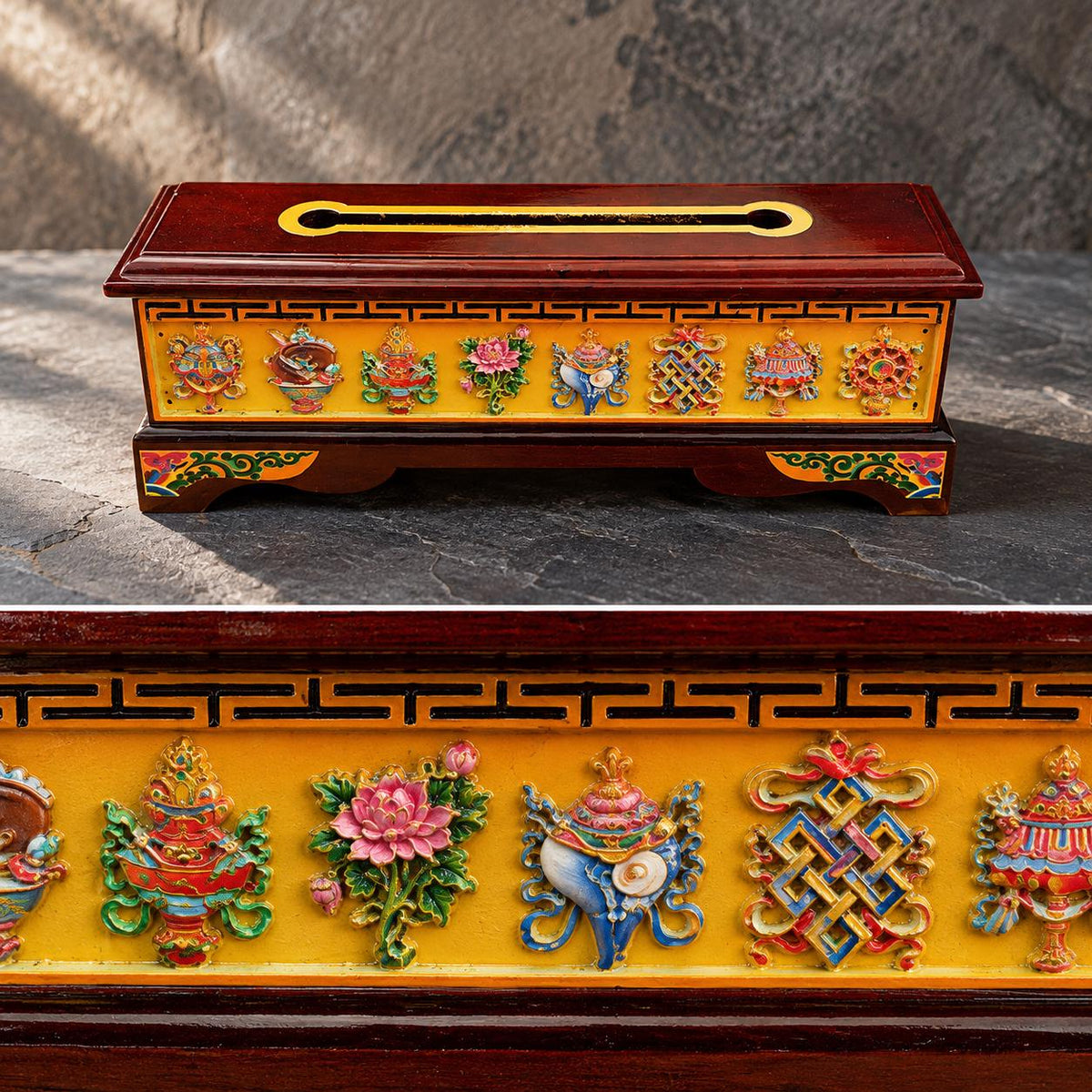 Tibetan Wood Incense Burner Box, Eight Auspicious Symbols, Hinged Lid and Steel Insert, 3 Sizes — image 4