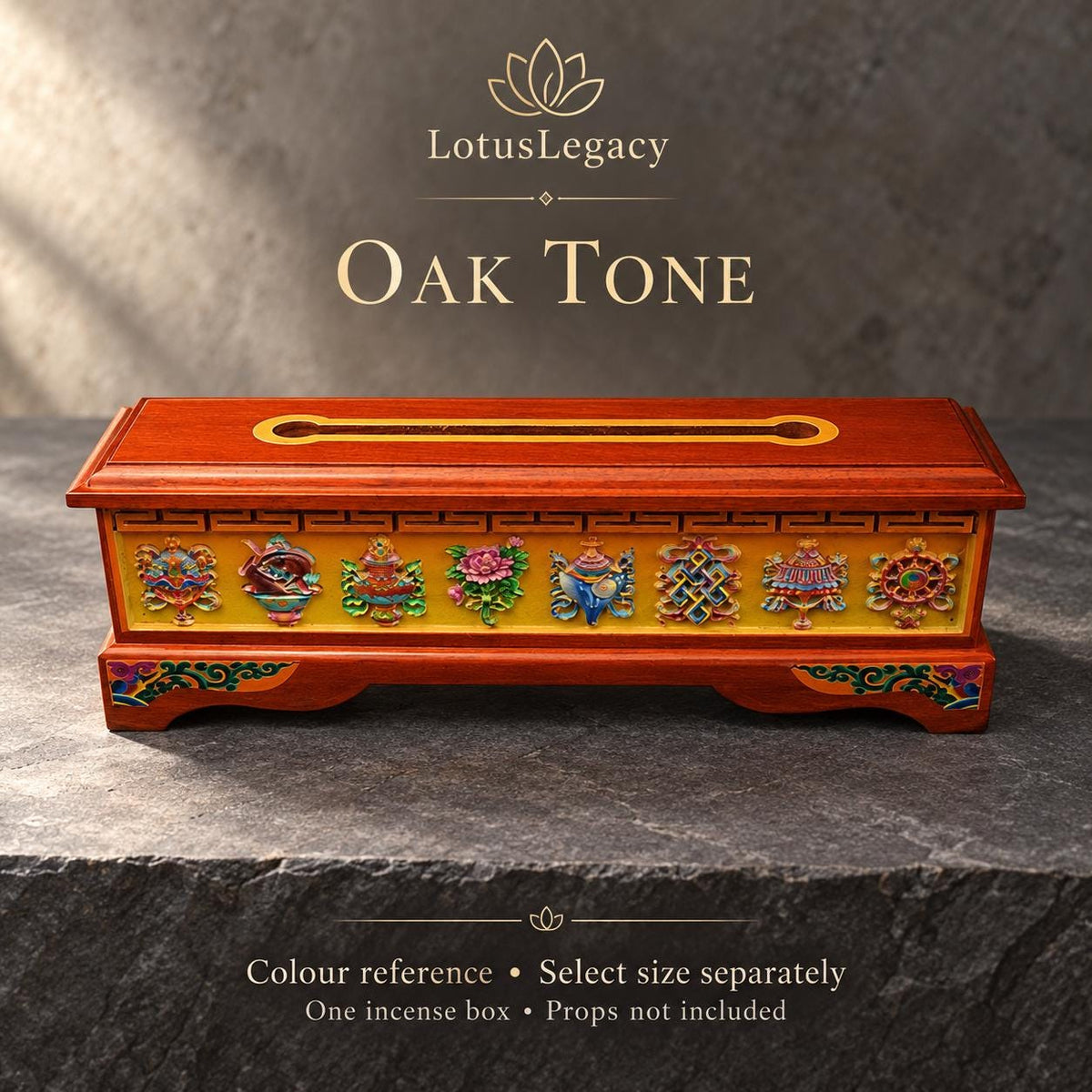 Tibetan Wood Incense Burner Box, Eight Auspicious Symbols, Hinged Lid and Steel Insert, 3 Sizes — image 10