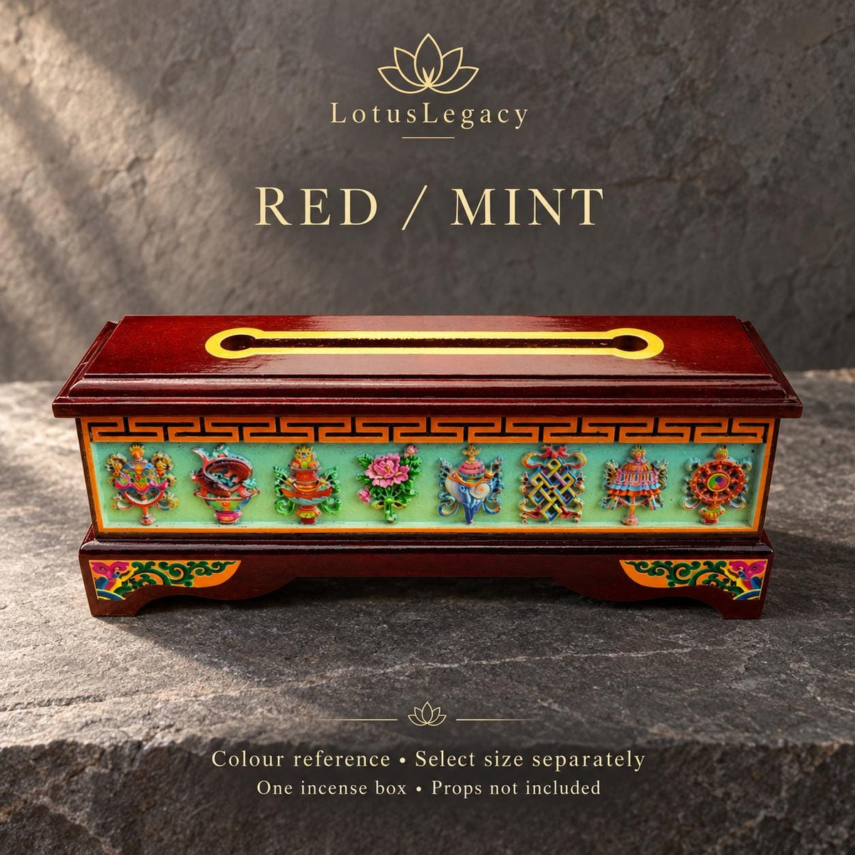 Tibetan Wood Incense Burner Box, Eight Auspicious Symbols, Hinged Lid and Steel Insert, 3 Sizes — image 8