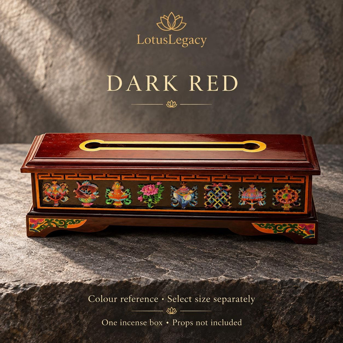 Tibetan Wood Incense Burner Box, Eight Auspicious Symbols, Hinged Lid and Steel Insert, 3 Sizes — image 9