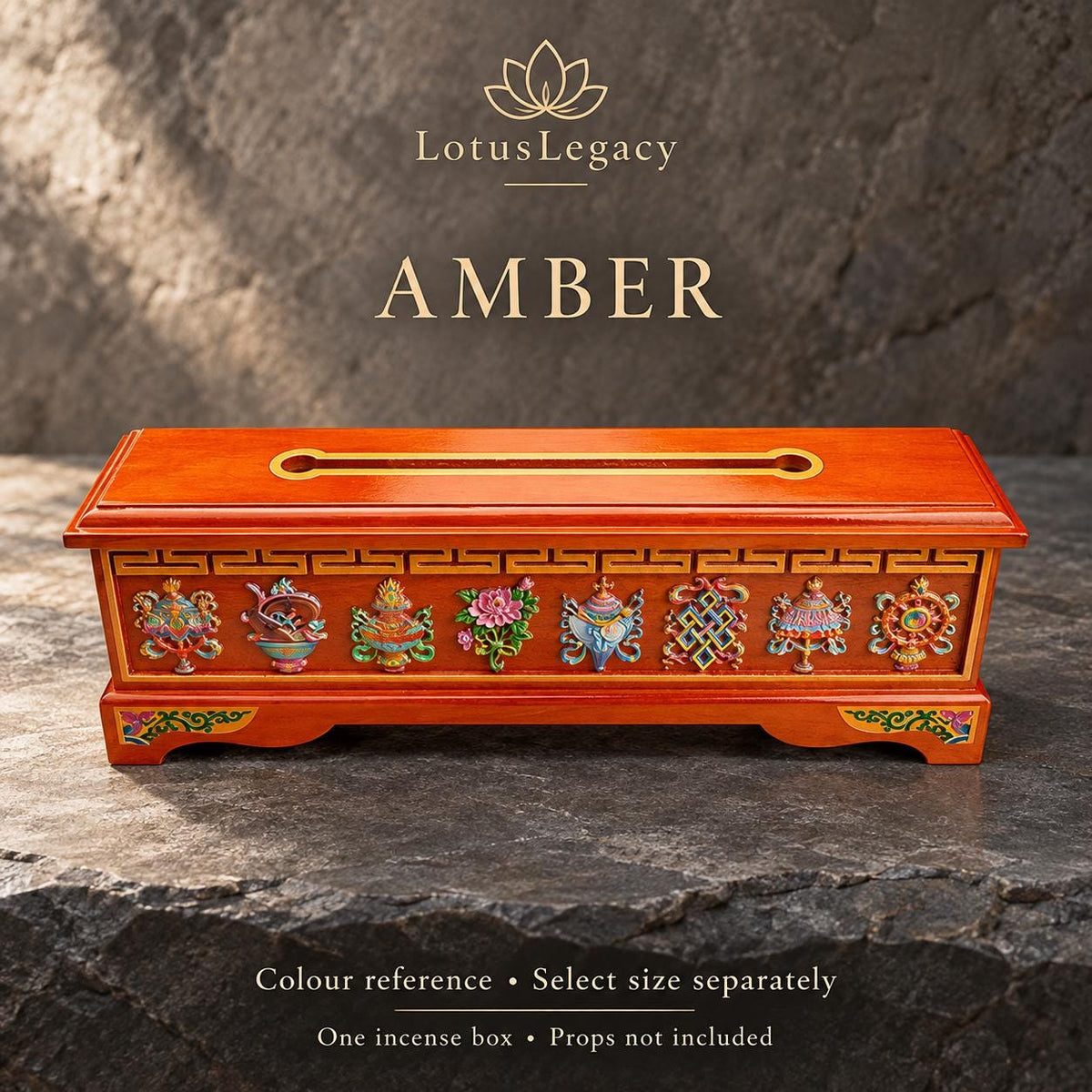 Tibetan Wood Incense Burner Box, Eight Auspicious Symbols, Hinged Lid and Steel Insert, 3 Sizes — image 13