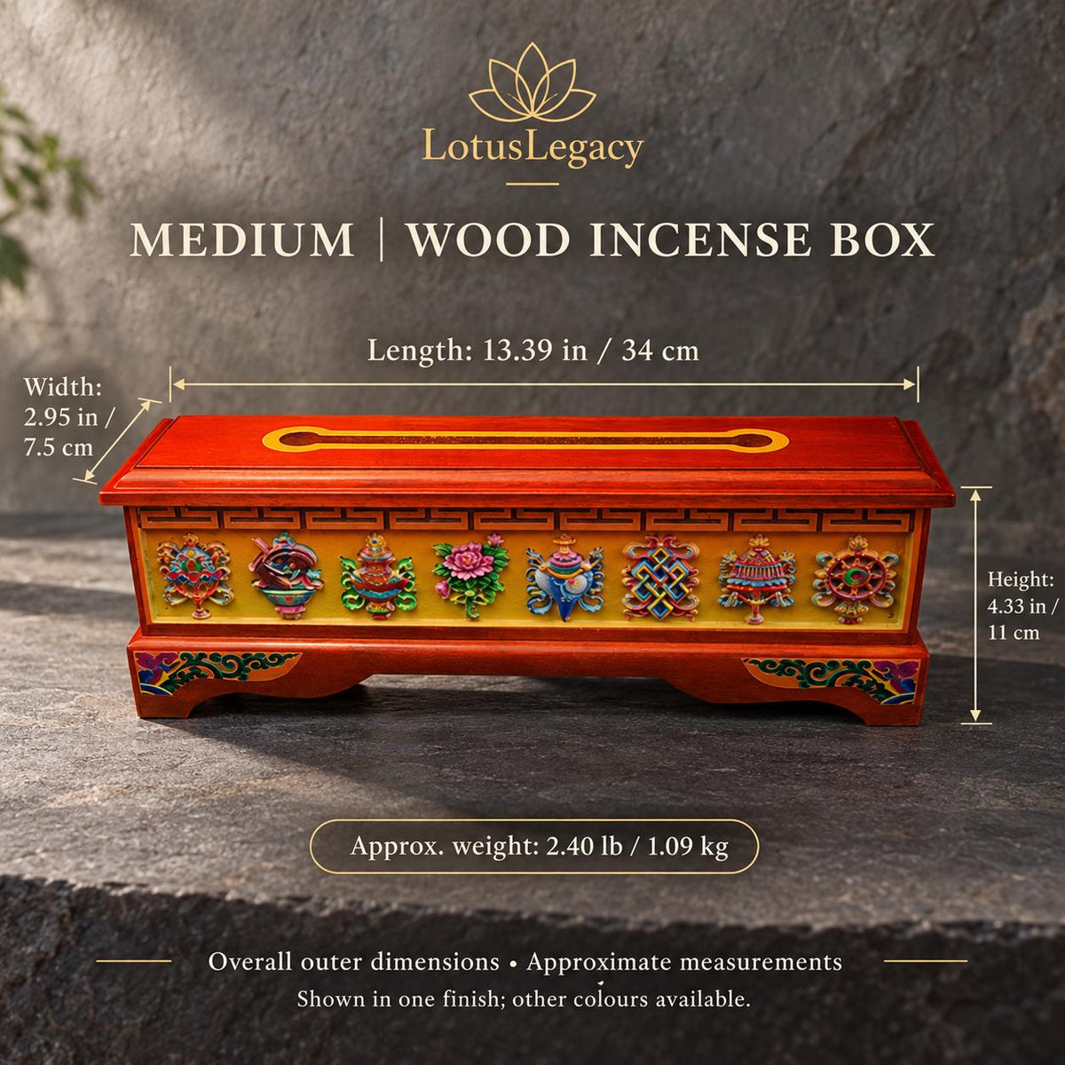 Tibetan Wood Incense Burner Box, Eight Auspicious Symbols, Hinged Lid and Steel Insert, 3 Sizes — image 15