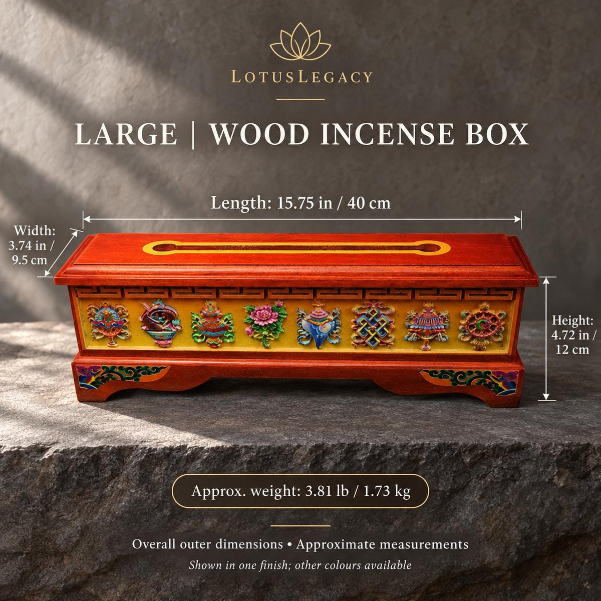 Tibetan Wood Incense Burner Box, Eight Auspicious Symbols, Hinged Lid and Steel Insert, 3 Sizes — image 16