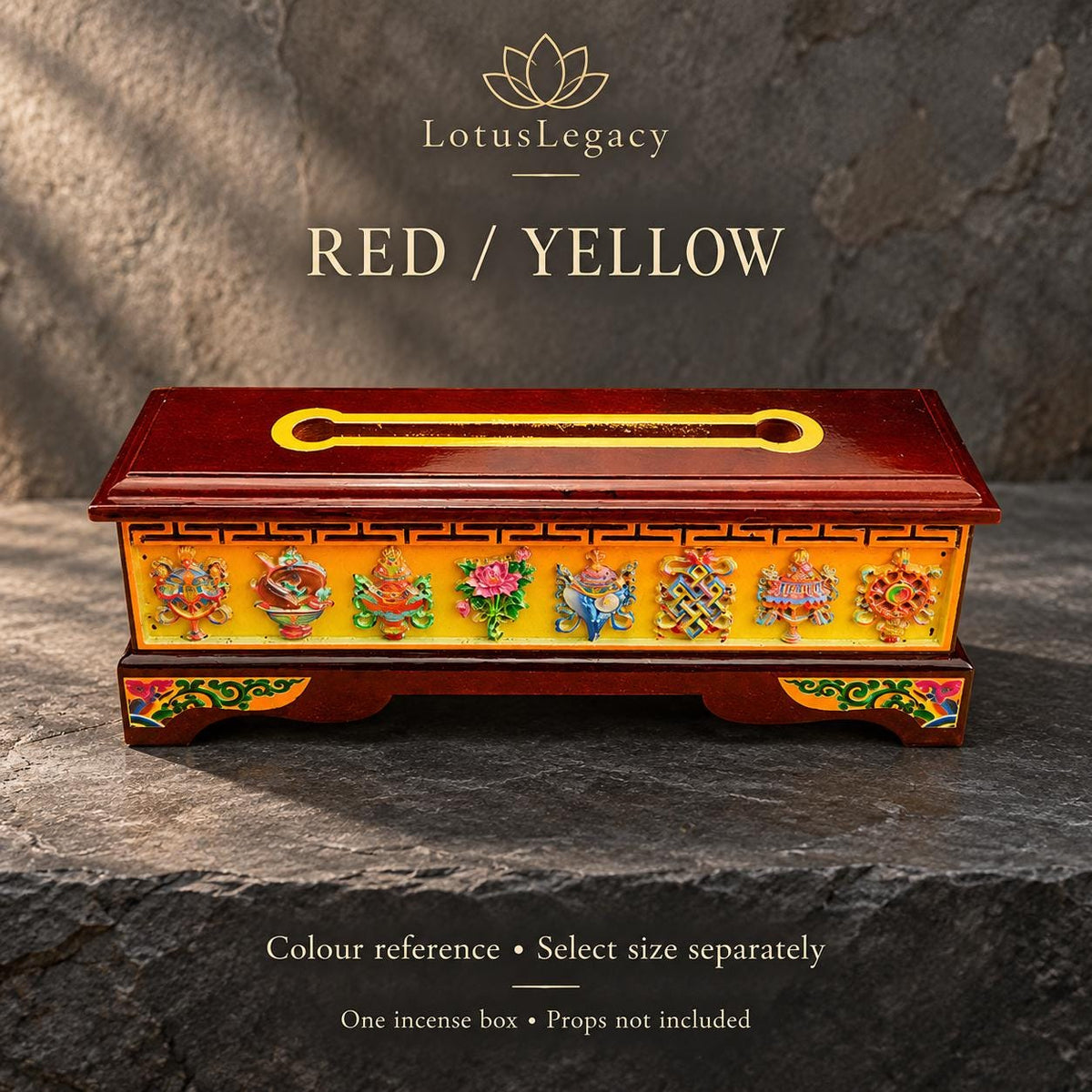 Tibetan Wood Incense Burner Box, Eight Auspicious Symbols, Hinged Lid and Steel Insert, 3 Sizes — image 6