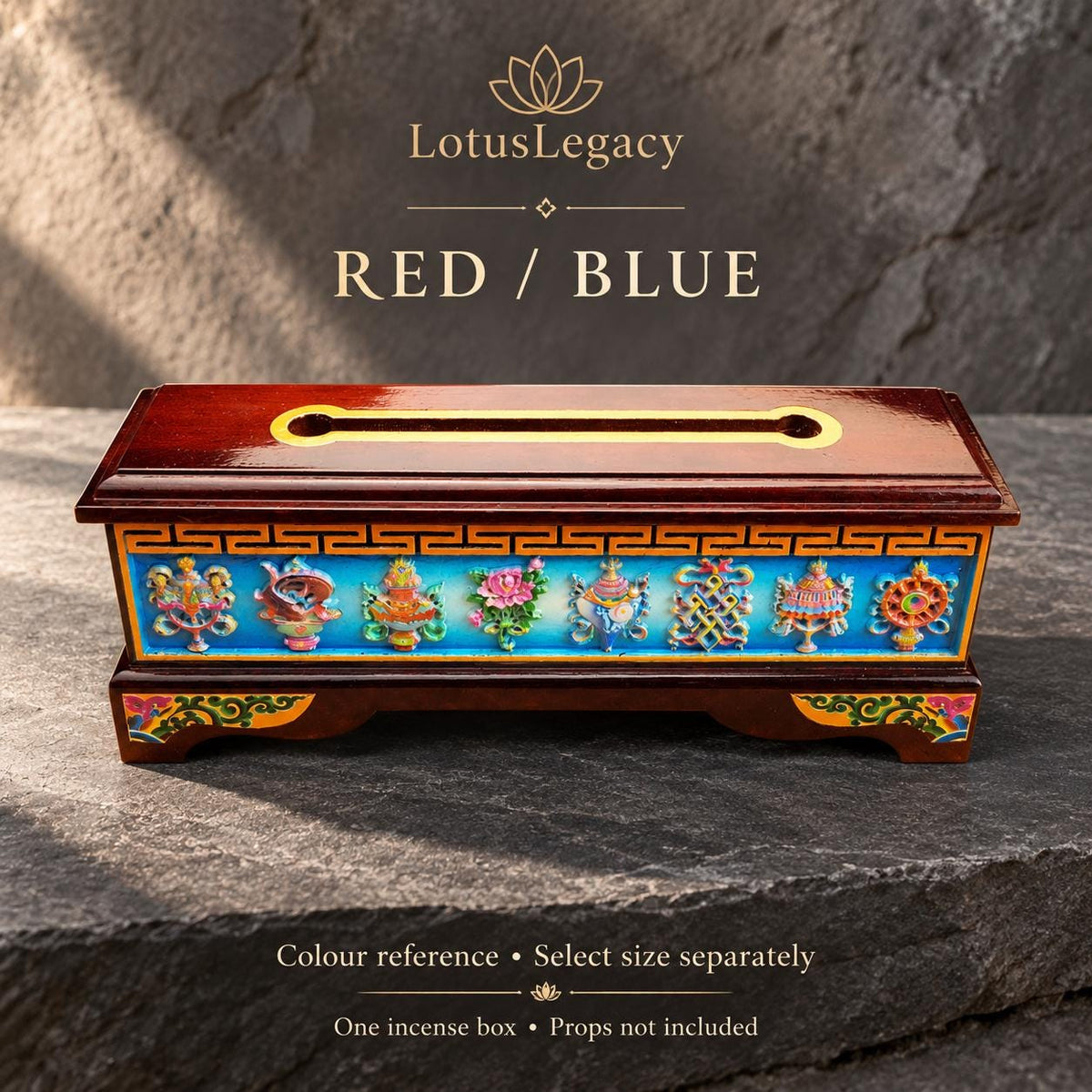 Tibetan Wood Incense Burner Box, Eight Auspicious Symbols, Hinged Lid and Steel Insert, 3 Sizes — image 7