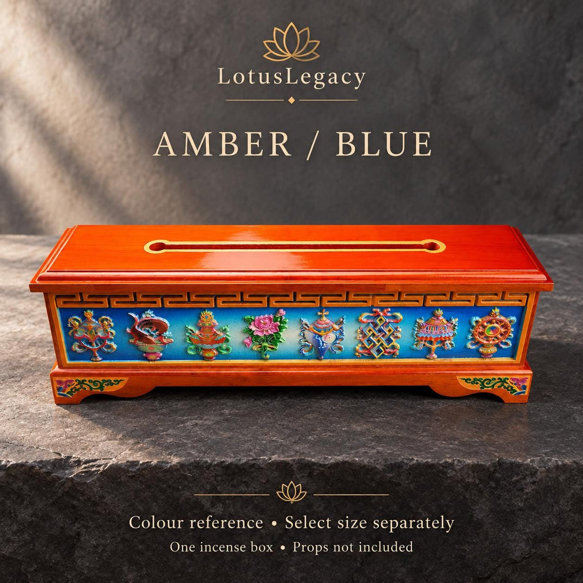 Tibetan Wood Incense Burner Box, Eight Auspicious Symbols, Hinged Lid and Steel Insert, 3 Sizes — image 11