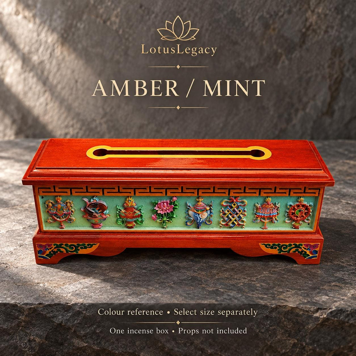 Tibetan Wood Incense Burner Box, Eight Auspicious Symbols, Hinged Lid and Steel Insert, 3 Sizes — image 12