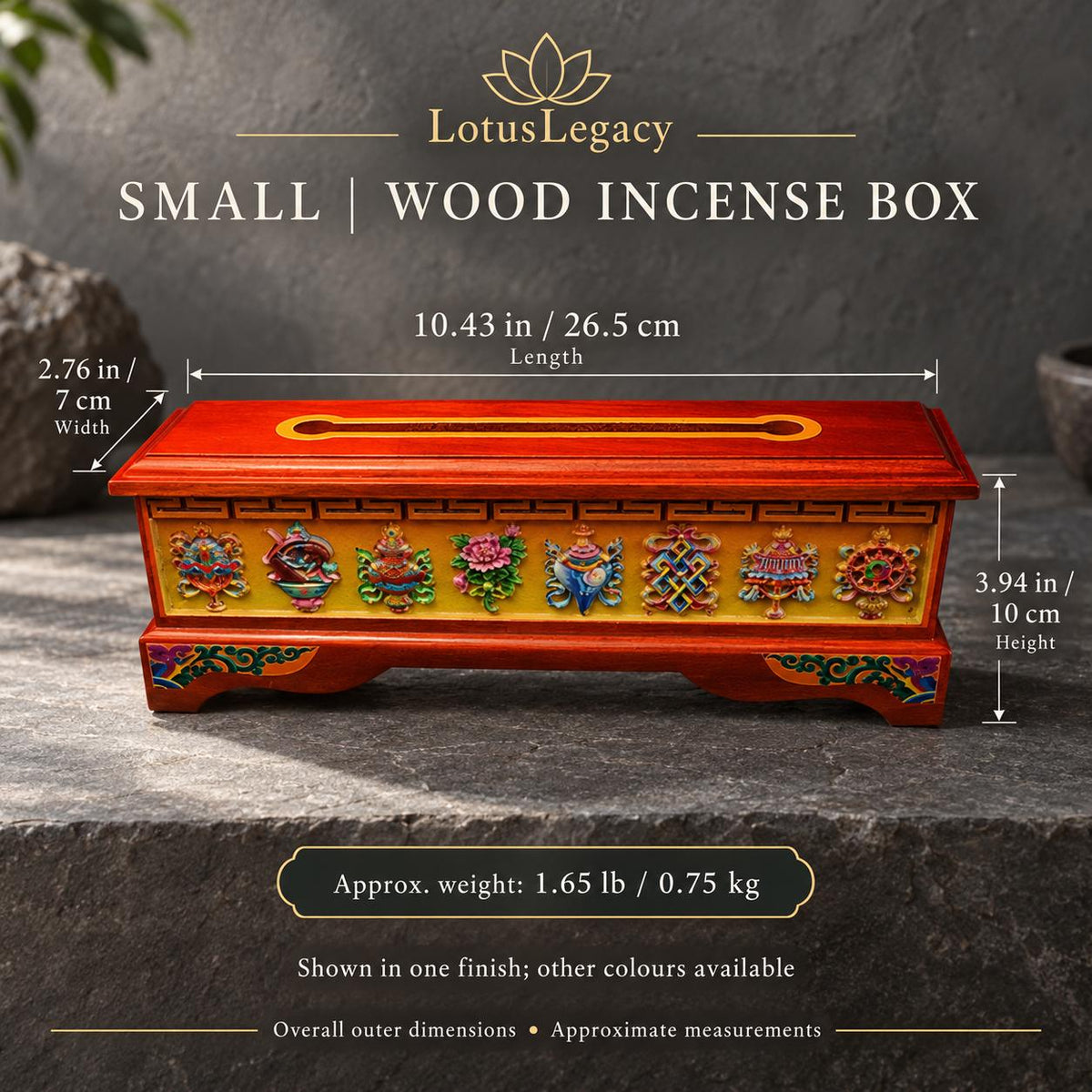 Tibetan Wood Incense Burner Box, Eight Auspicious Symbols, Hinged Lid and Steel Insert, 3 Sizes — image 14