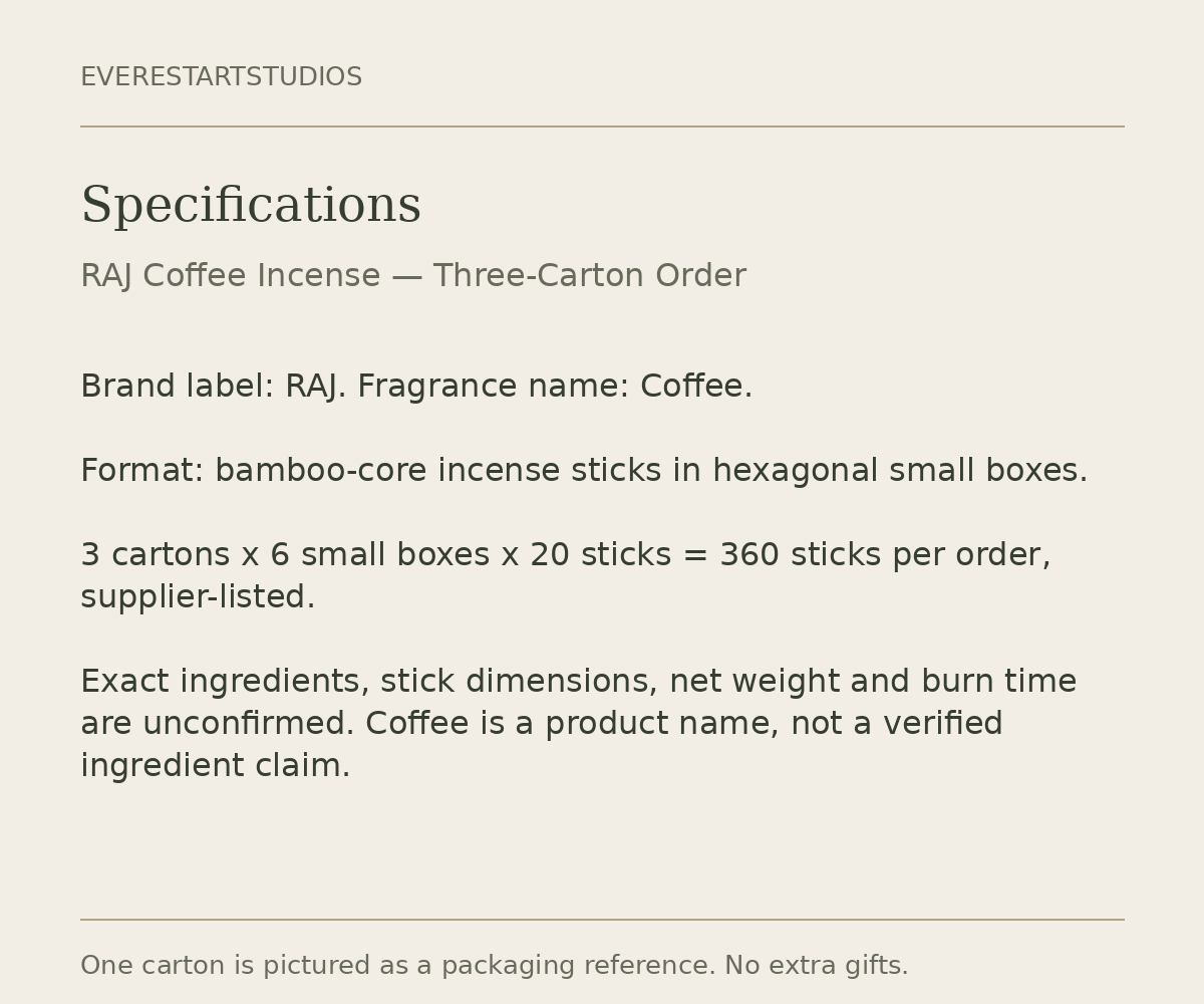 RAJ Coffee three-carton order: specifications