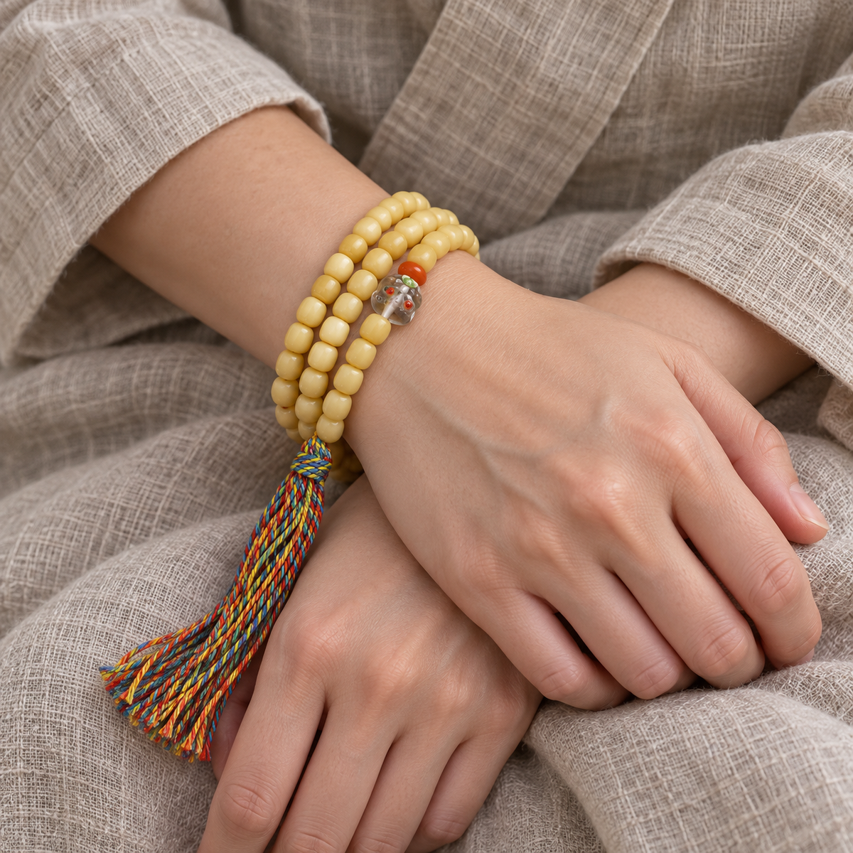 EverestArtstudios Natural Yak Bone Barrel-Bead 108-Bead Mala with Glass and Agate Accents