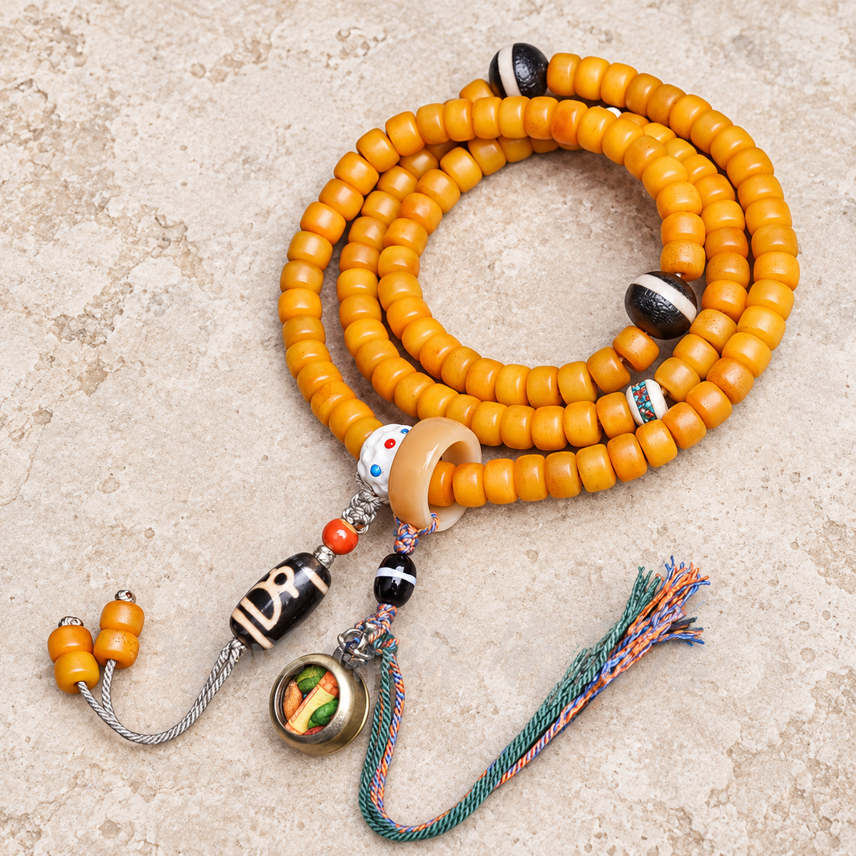 Golden-yellow camel bone 108-bead mala — overall display