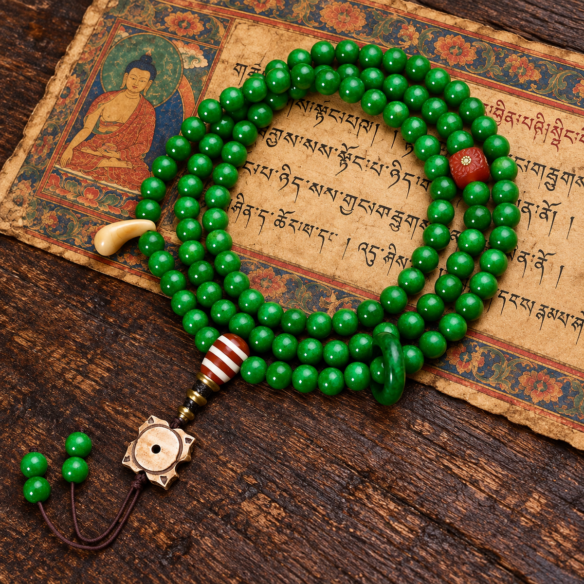 EverestArtstudios Tibetan Horn-Look 108-Bead Mala with Agate and Bone Accents — full product