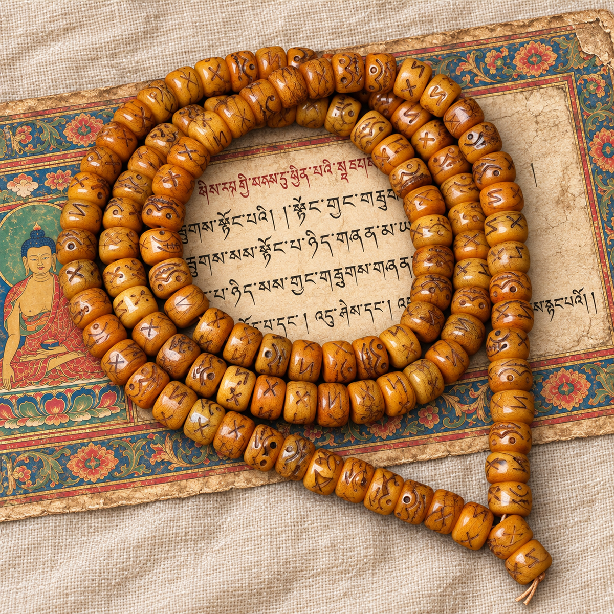 EverestArtstudios Natural Carved Camel Bone 108-Bead DIY Strand with Arhat Accent — full product
