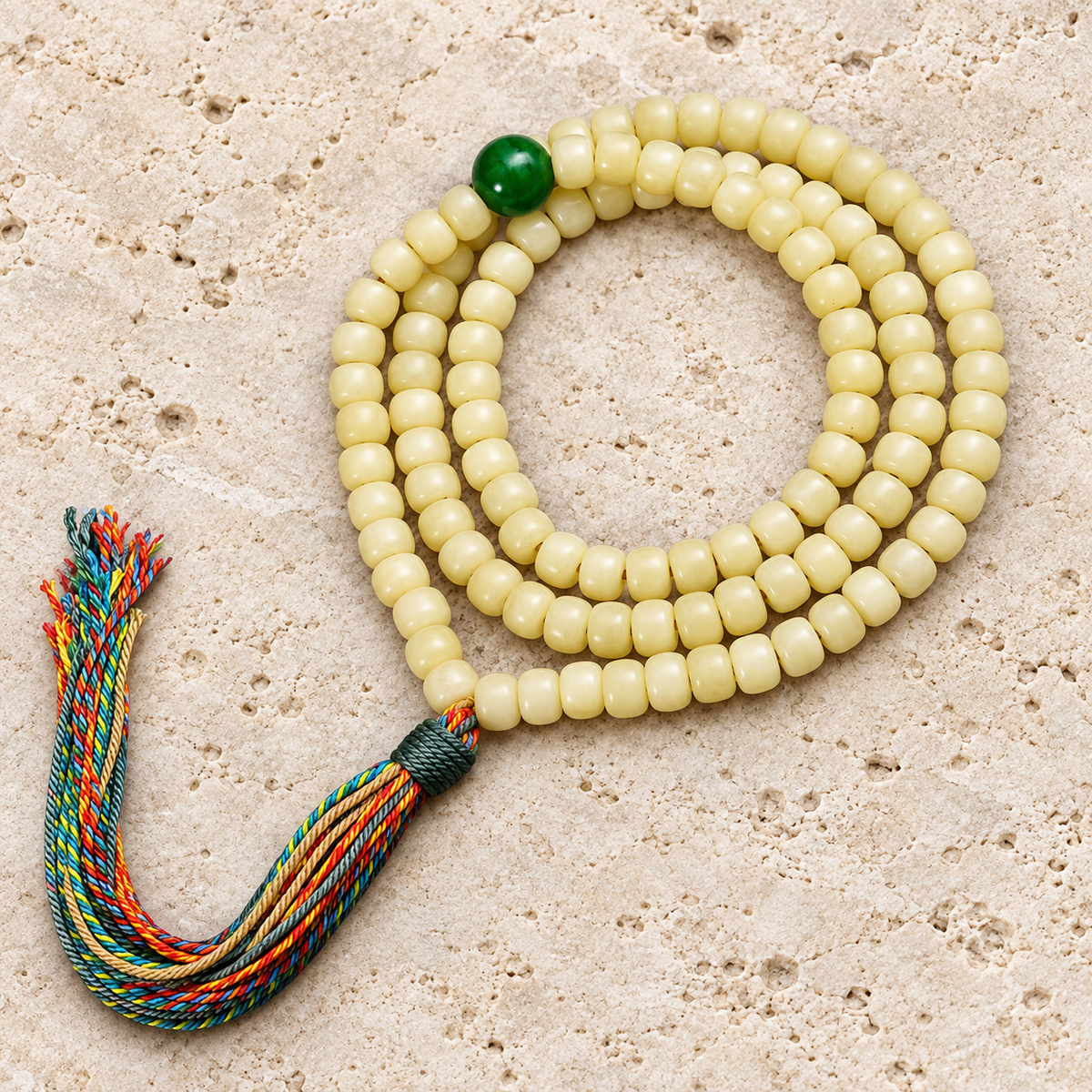 EverestArtstudios Natural Golden-Yellow Camel Bone Barrel-Bead 108-Bead Mala — overall display