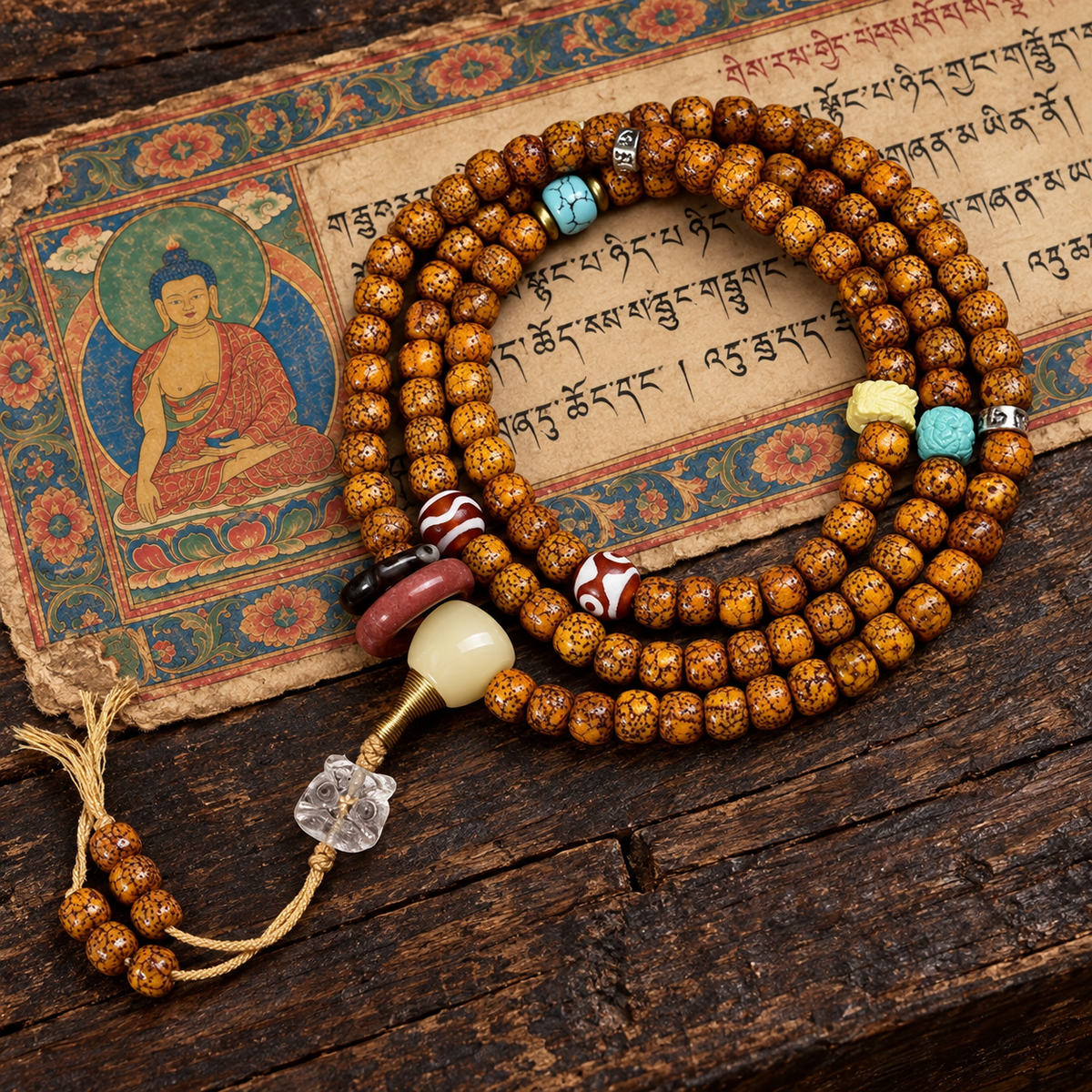 EverestArtstudios Natural Hainan Xingyue Bodhi Red Agate Turquoise 108-Bead Mala — full product