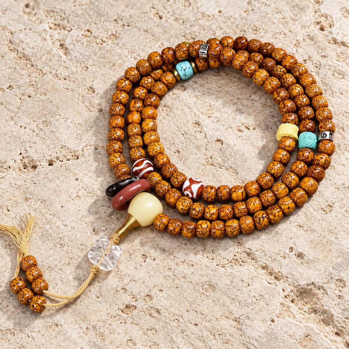 EverestArtstudios Natural Hainan Xingyue Bodhi Red Agate Turquoise 108-Bead Mala — overall display