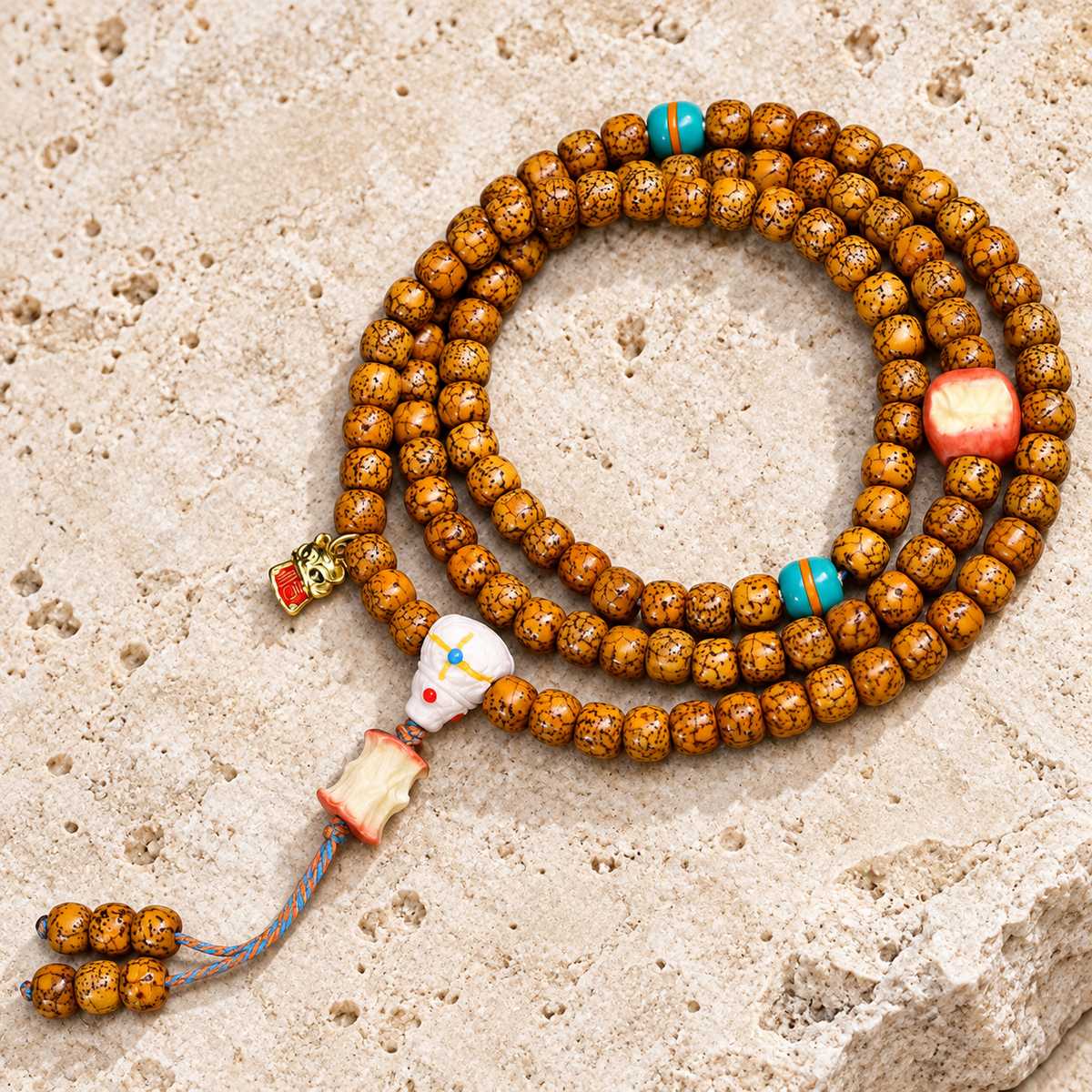 EverestArtstudios Natural Aged Crackled Hainan Xingyue Bodhi 108-Bead Mala — overall display