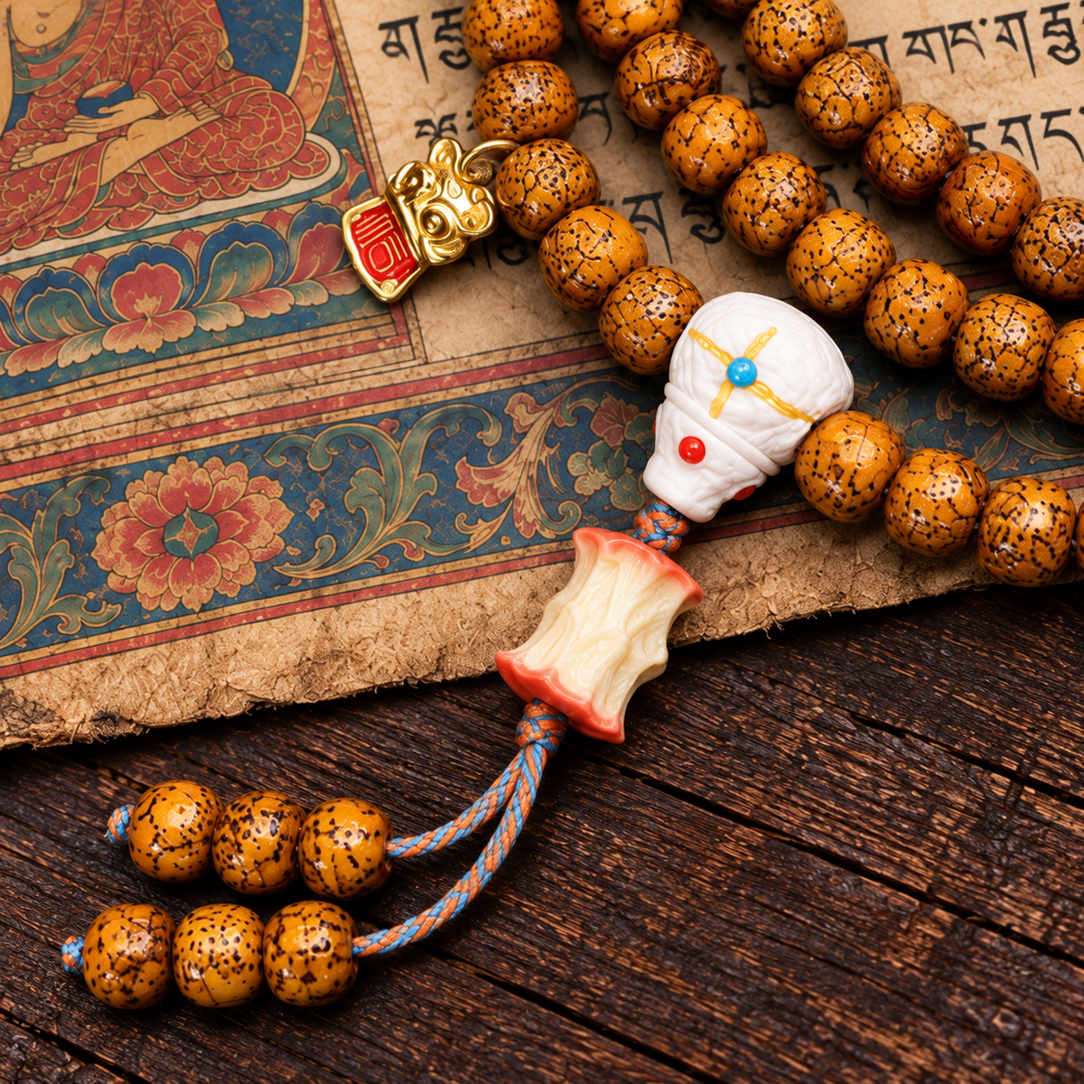 EverestArtstudios Natural Aged Crackled Hainan Xingyue Bodhi 108-Bead Mala — connection detail