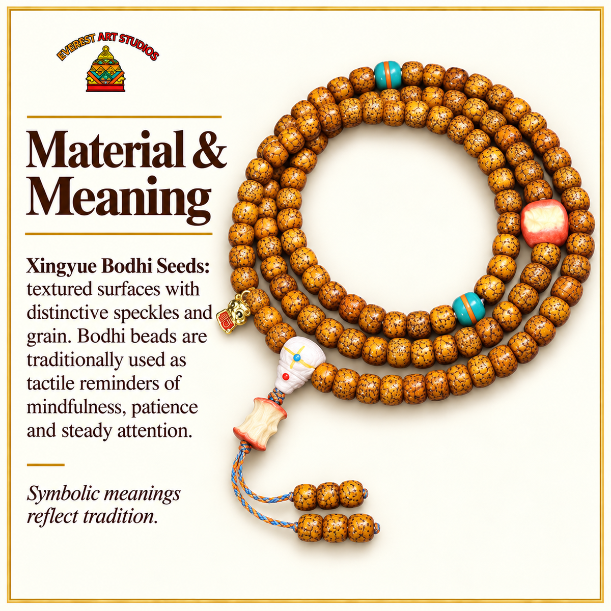 EverestArtstudios Natural Aged Crackled Hainan Xingyue Bodhi 108-Bead Mala — materials meaning