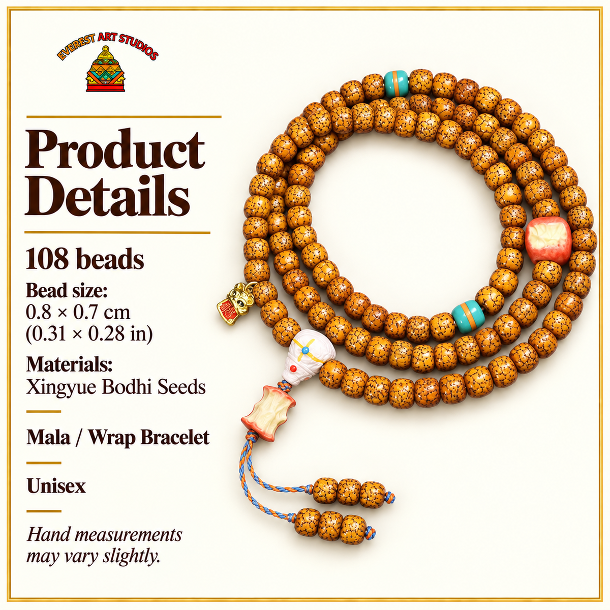 EverestArtstudios Natural Aged Crackled Hainan Xingyue Bodhi 108-Bead Mala — specifications