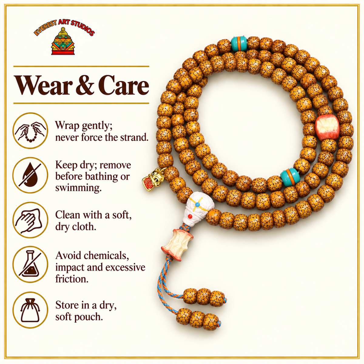 EverestArtstudios Natural Aged Crackled Hainan Xingyue Bodhi 108-Bead Mala — care