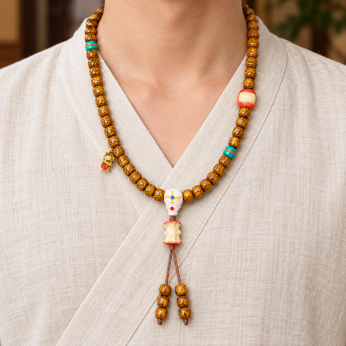 EverestArtstudios Natural Aged Crackled Hainan Xingyue Bodhi 108-Bead Mala — linen front