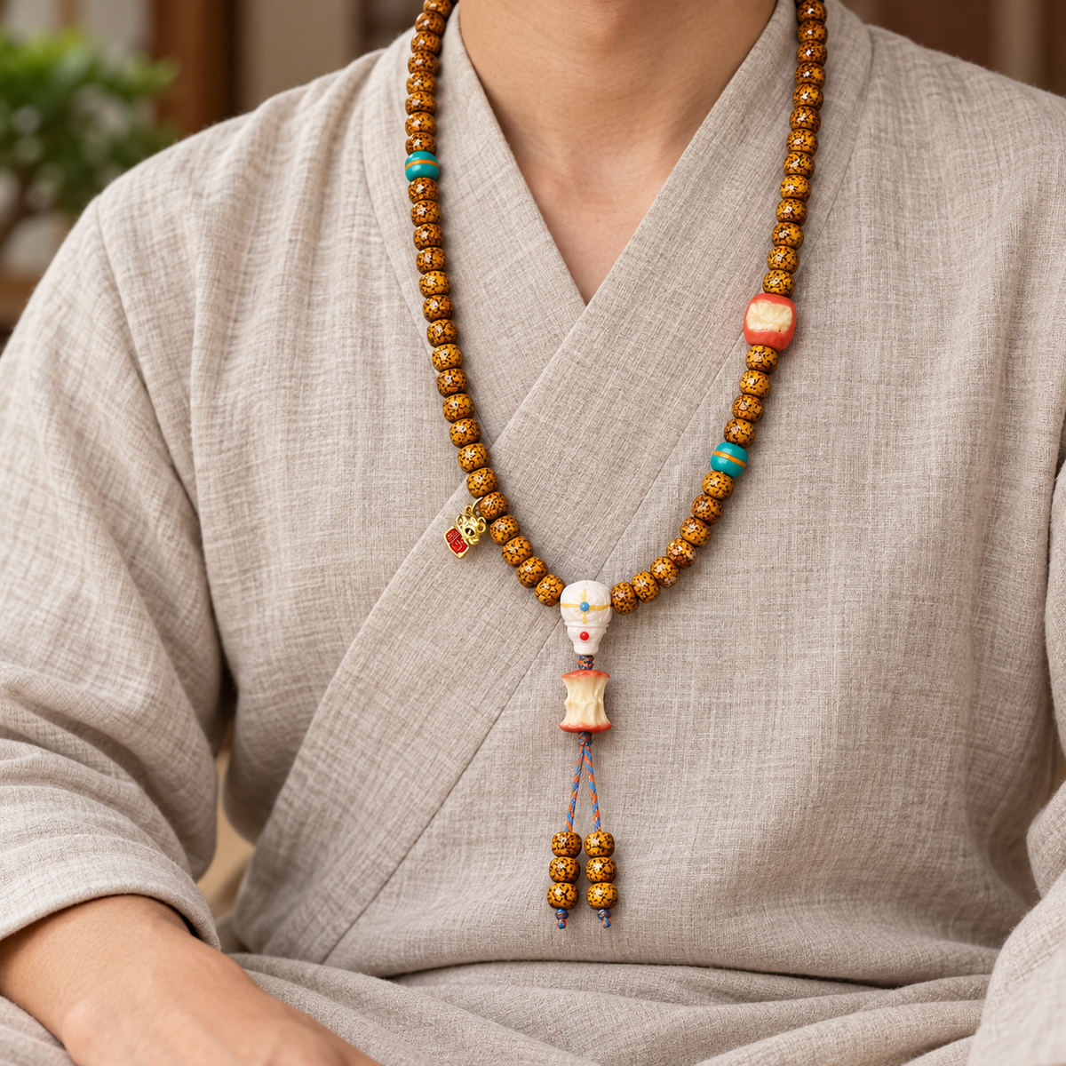 EverestArtstudios Natural Aged Crackled Hainan Xingyue Bodhi 108-Bead Mala — linen seated