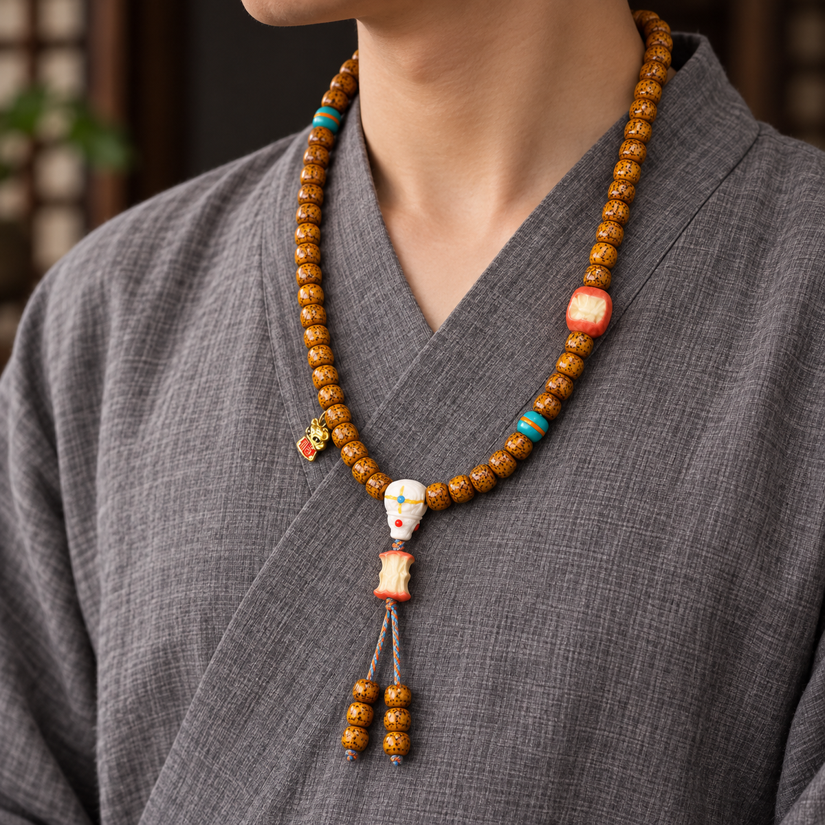 EverestArtstudios Natural Aged Crackled Hainan Xingyue Bodhi 108-Bead Mala — linen side