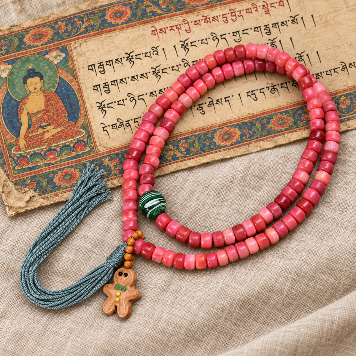 EverestArtstudios Natural Full-Blood Camel Bone 108-Bead Mala with Gingerbread Charm — full product