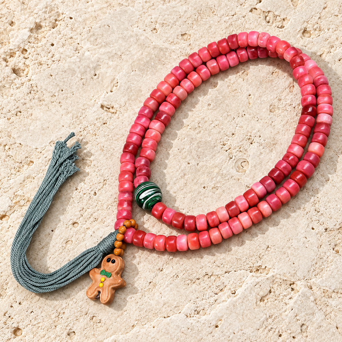 EverestArtstudios Natural Full-Blood Camel Bone 108-Bead Mala with Gingerbread Charm — overall display