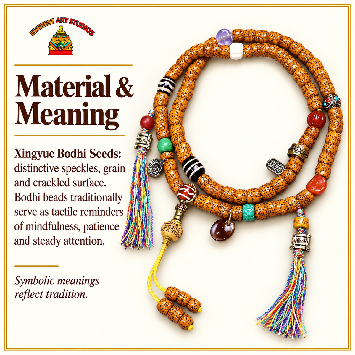 EverestArtstudios Natural Jade-Finished Crackled Xingyue Bodhi 108-Bead Mala — materials meaning