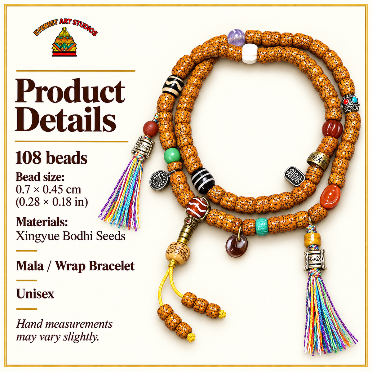 EverestArtstudios Natural Jade-Finished Crackled Xingyue Bodhi 108-Bead Mala — specifications