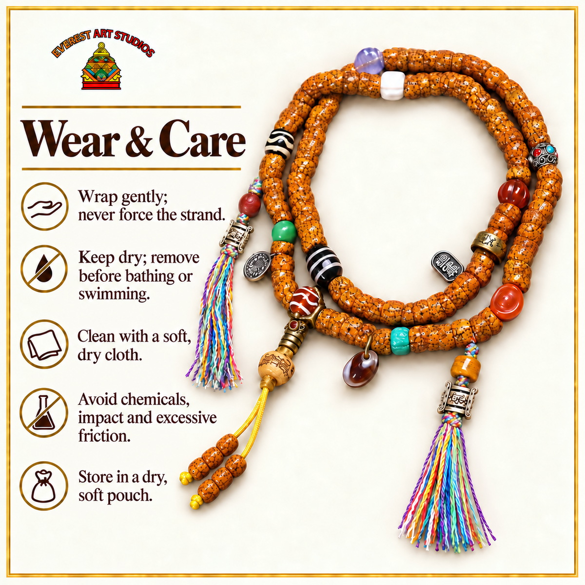 EverestArtstudios Natural Jade-Finished Crackled Xingyue Bodhi 108-Bead Mala — care