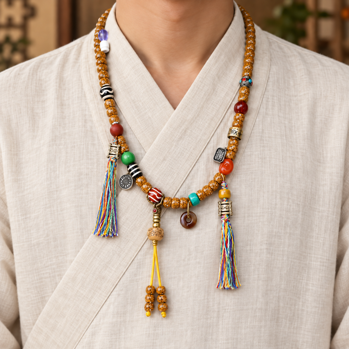 EverestArtstudios Natural Jade-Finished Crackled Xingyue Bodhi 108-Bead Mala — linen front