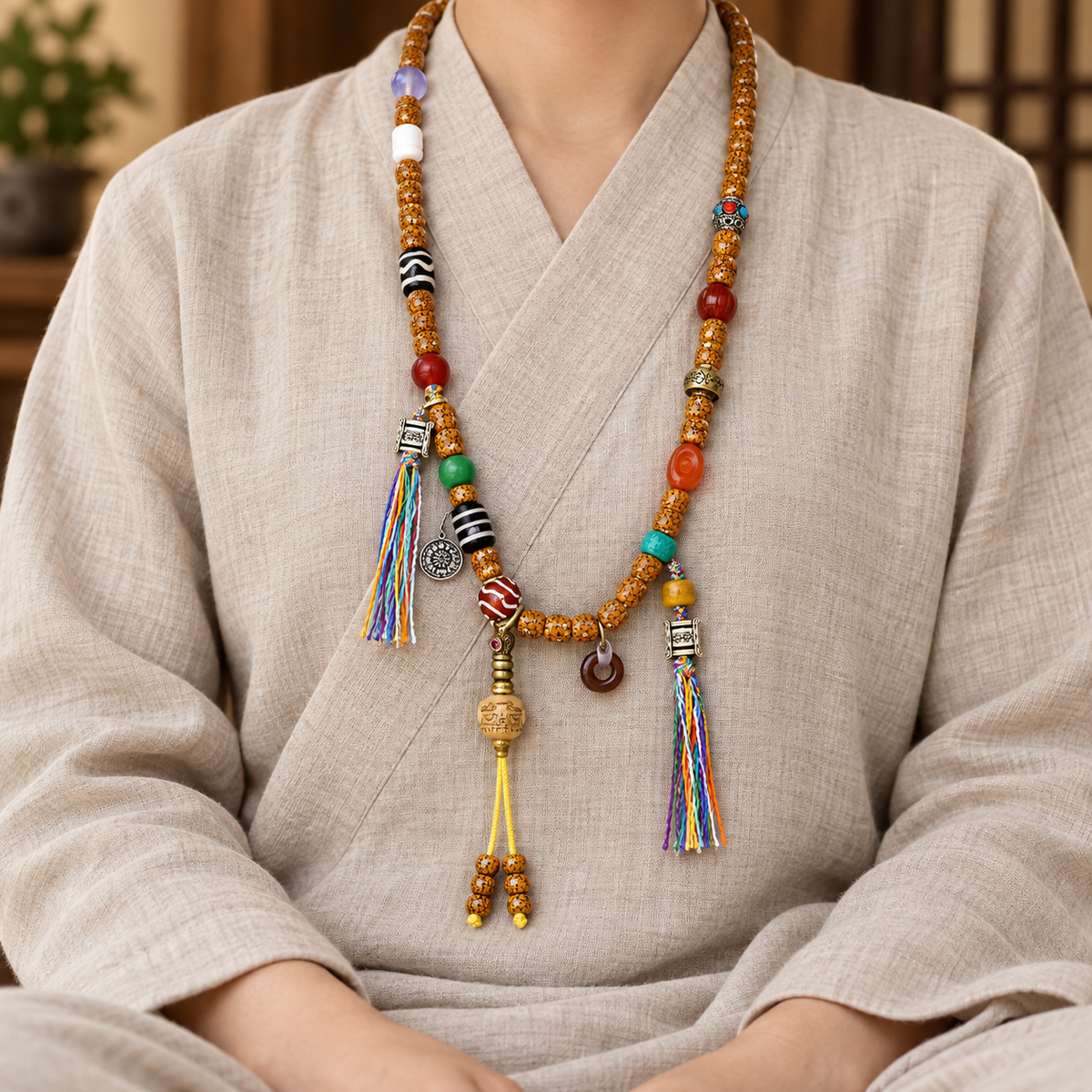 EverestArtstudios Natural Jade-Finished Crackled Xingyue Bodhi 108-Bead Mala — linen seated