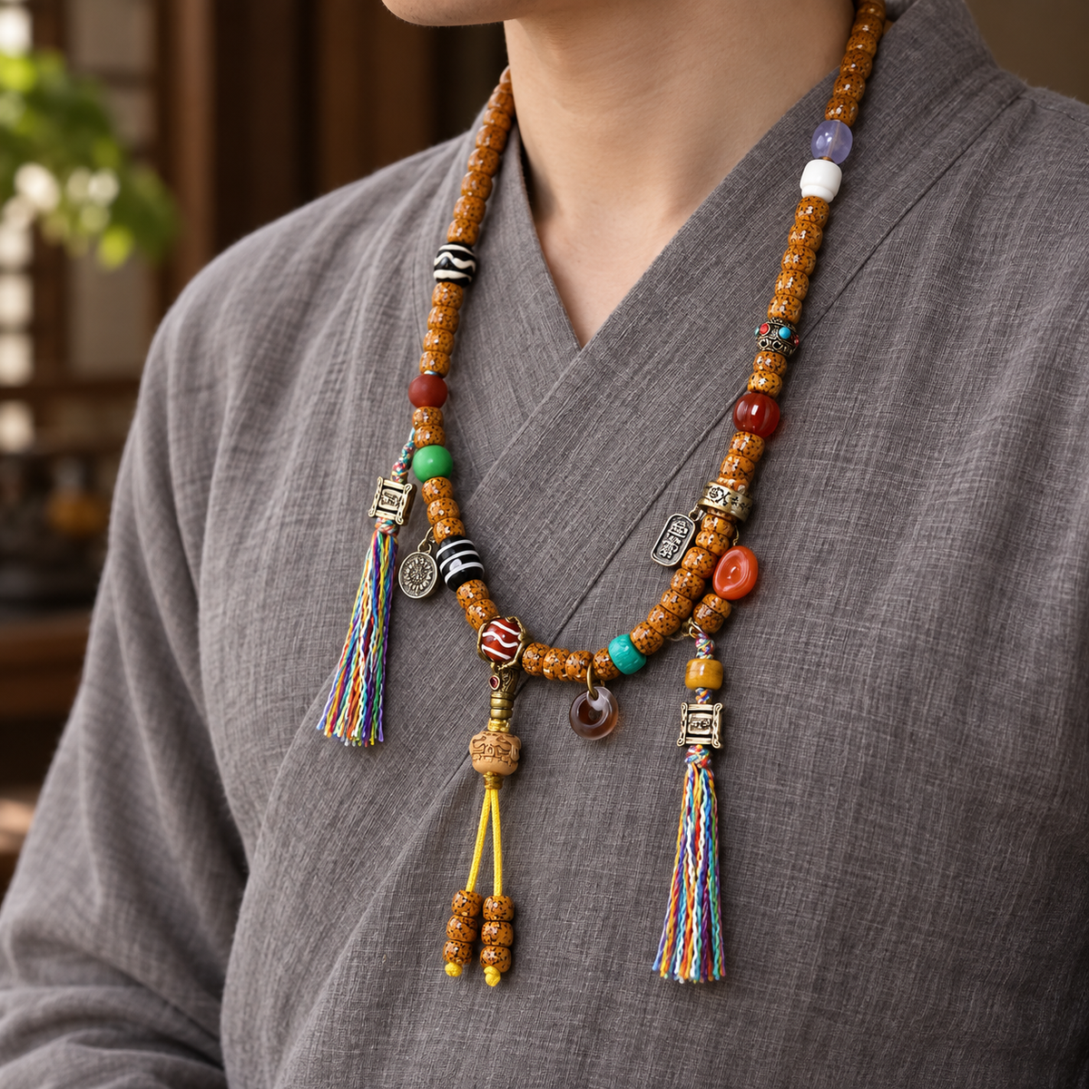 EverestArtstudios Natural Jade-Finished Crackled Xingyue Bodhi 108-Bead Mala — linen side