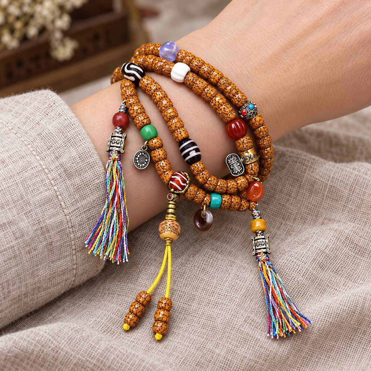 EverestArtstudios Natural Jade-Finished Crackled Xingyue Bodhi 108-Bead Mala — wrist resting