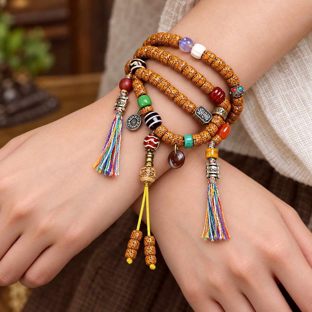 EverestArtstudios Natural Jade-Finished Crackled Xingyue Bodhi 108-Bead Mala — wrist crossed