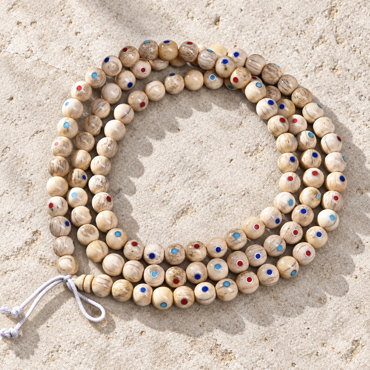 EverestArtstudios Inlaid Bone Round-Bead 108-Bead DIY Mala Strand — overall display