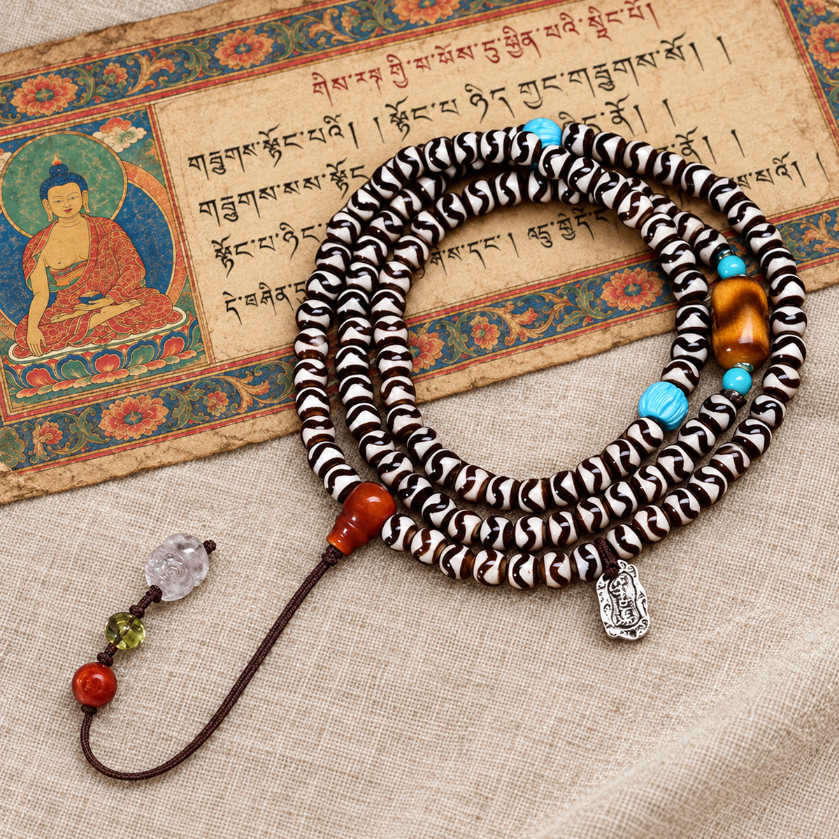 EverestArtstudios Natural Agate Tiger-Tooth Dzi 108-Bead Mala with Red Agate and Clear Quartz — full product