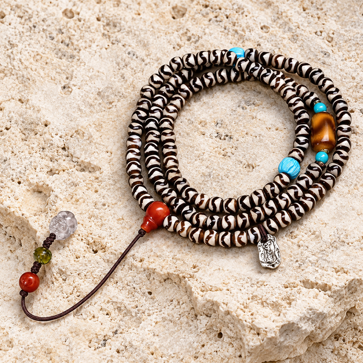 EverestArtstudios Natural Agate Tiger-Tooth Dzi 108-Bead Mala with Red Agate and Clear Quartz — overall display
