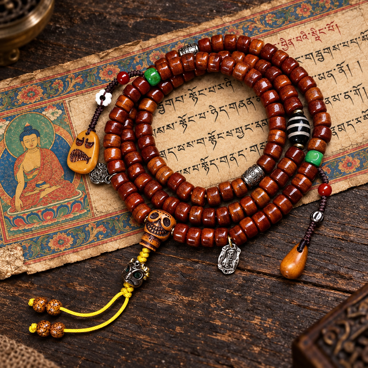 EverestArtstudios Tibetan Vintage Yak Bone 108-Bead Mala with Agate and Glass Accents — full product